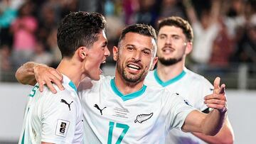 New Zealand�s Kosta Barbarouses (C) celebrates scoring a goal during the FIFA World Cup 2026 Oceania qualifiers group final football match between New Zealand and New Caledonia at Eden Park Stadium in Auckland on March 24, 2025. (Photo by DAVID ROWLAND / AFP)